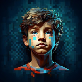 AI generated boys human head digitalised in pixel art style presenting a mosaic of vibrant hues in