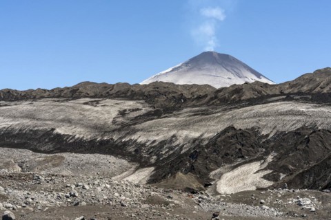 Ash covered Pichillancahue glacier, Villarrica Volcano, Villarrica National Park, Araucania, Chile1