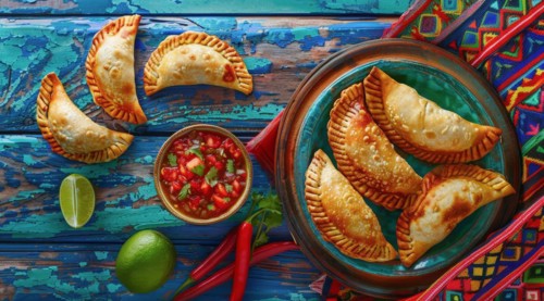 Tasty empanadas on a plate with colorful Mexican cloths as a background. National mexican food, AI