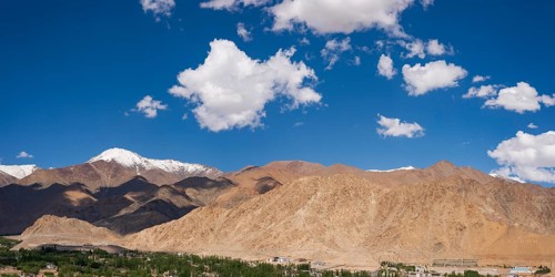 Panorama over Leh and the Indus Valley to the Indian Himalayas, Ladakh, Jammu and Kashmir, India,