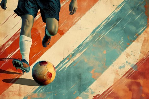 A soccer player dribbles and kicks a soccer ball. Abstract vintage grungy poster style with muted