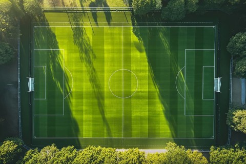 Aerial bird eye top down view of a soccer football field, AI generated