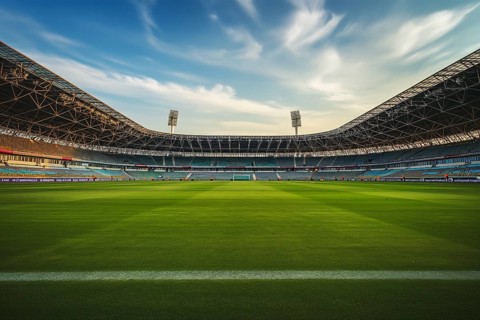 A soccer field with a large crowd of people spectators fans watching the game. The stadium is lit