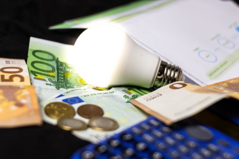 Electric light bulb on money and coins Finance and saving electricity. Concept of saving light and