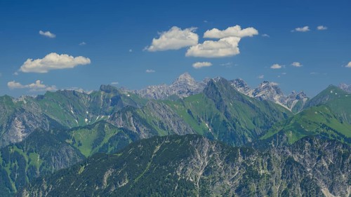 Panorama from Fellhorn, behind snail, 2268m, Hochvogel, 2592m, and Hoefats, 2258m, Allgaeu Alps,