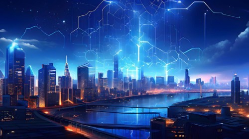 Ai generated conceptual illustration of a neuronal network with city skyline in the background in