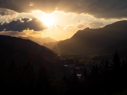 Evening light at sunset over the Liesingtal, in the evening light the village of Traboch,
