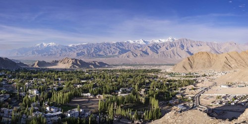 Panorama over Leh and the Indus Valley to Stok Kangri, 6153m, Ladakh, Jammu and Kashmir, India,
