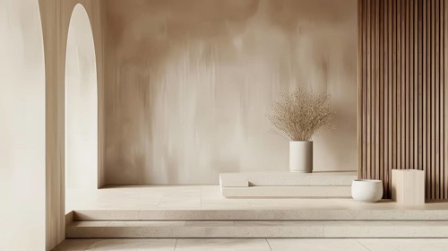 Minimalist interior with arched niches, dried plants in pots, exuding a calm atmosphere, AI