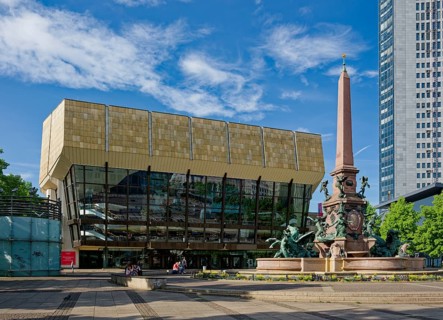 Gewandhaus, Mendebrunnen and City-Hochhaus on Augustusplatz, Leipzig, Saxony, Germany, Europe