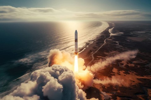 Aerial view of a rocket launch at sunrise sunset over an ocean coast. The rocket is blasting off