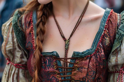 Woman's medieval style fantasy role playing dress costume at renaissance fair. KI generiert,