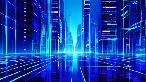 AI generated illustration of a cityscape with skyscrapers and holographic elements in blue color