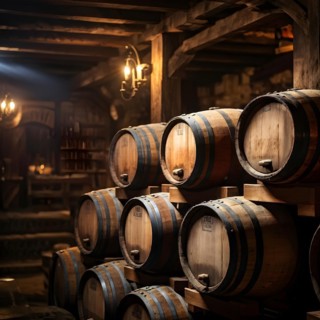 AI generated rustic wine cellar filled with wooden oak barrels