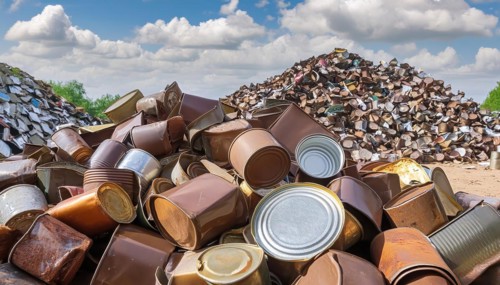 Symbol photo, waste, a large quantity of empty open rusted tinplate cans on a heap, AI generated,