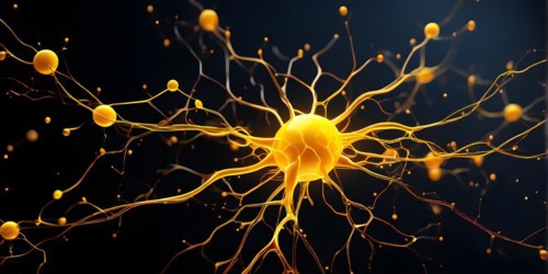 Ai generated conceptual illustration of a neuronal network with interconnected nodes pulsating in