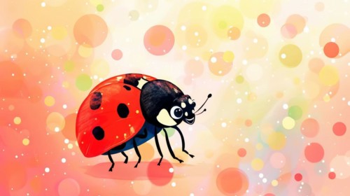 Colorful cartoon ladybug with polka dots and bokeh light effects, AI generated