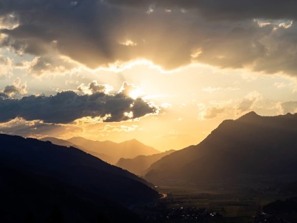Sunset over the Liesingtal, in the evening light the village of Traboch, Schoberpass federal road,