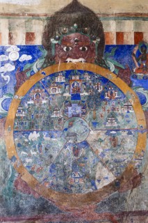 Buddhist mural, Tibetan Buddhism, death god Yama holding the wheel of life, Dskit Monastery, near