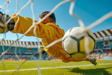 A soccer player in a yellow jersey goalkeeper is diving to catch a soccer ball. The goalie is