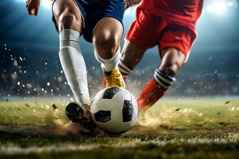 Two soccer players struggle dribble and kick a ball on a football stadium field, AI generated