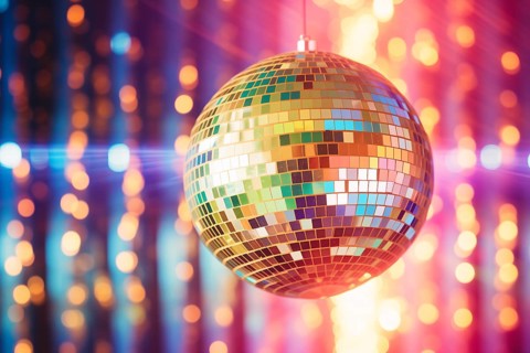 A disco ball is suspended from the ceiling at party in nightclub, reflecting the lights and