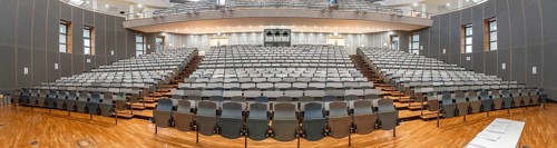 Panorama, view from the lectern to rows of seats in an empty lecture theatre, interior view,
