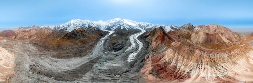 Aerial view, panorama, high mountain landscape with glacier moraines and glacier tongues, glaciated
