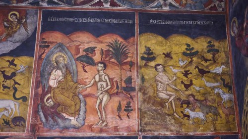 Wall painting portraying a prophet in the desert surrounded by wild animals and birds, Panagia