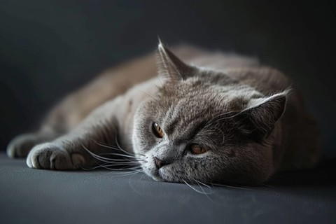 Cute British Shorthair cat on dark background. KI generiert, generiert, AI generated