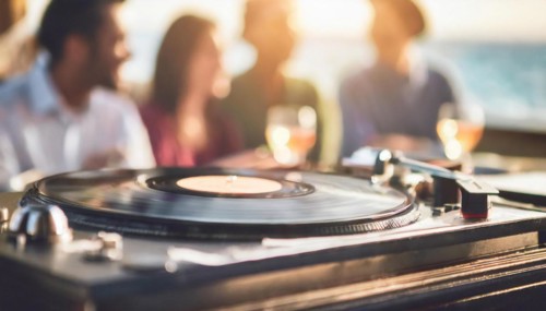 Friends enjoy drinks vinyl record playing together in cozy setting at sunset, bokeh effect ai