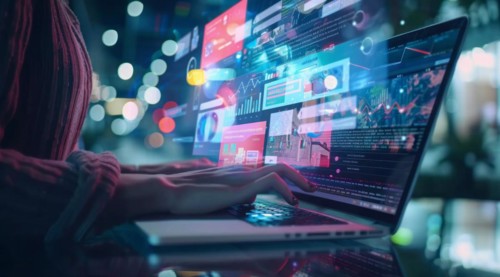 Concept of productivity. Businessman uses laptop to analyze marketing and productivity data, AI