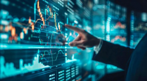 A man is pointing at a graph on a transparent screen showing market and economy trends, AI