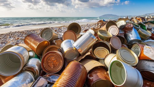 Symbol photo, many empty tin cans, partly crushed, rusty, dirty, lying on the beach, waste, AI