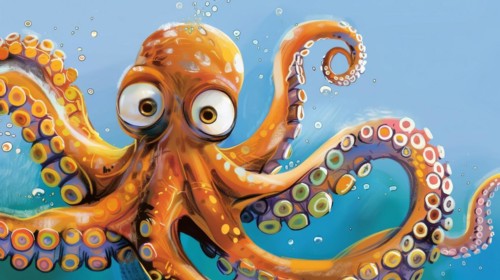A goofy octopus surrounded by bubbles expresses playfulness in an underwater setting, AI generated