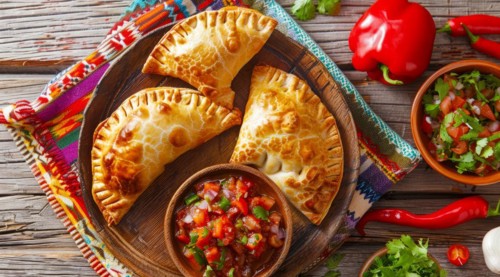 Tasty empanadas on a plate with colorful Mexican cloths as a background. National mexican food, AI
