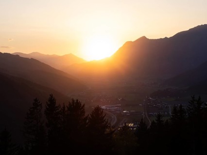 Sunset over the Liesingtal, in the evening light the village of Traboch, Schoberpass federal road,