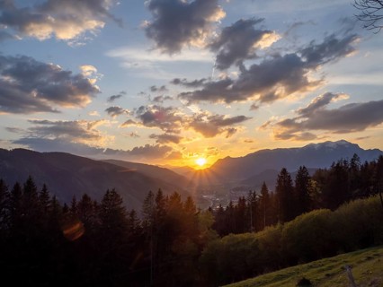 Sunset over the Liesingtal, in the evening light the village of Traboch, Schoberpass federal road,