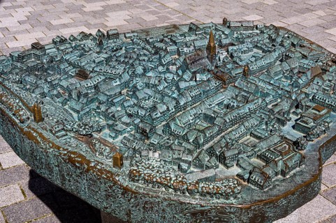 Bronze town relief, Kaufbeuern, Allgaeu, Swabia, Bavaria, Germany, Europe