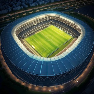 Aerial bird eye top view of a soccer football field stadium in night, AI generated
