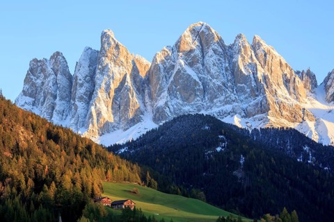 Rocky mountain peaks in the warm light of the setting sun, Italy, Trentino-Alto Adige, Alto Adige,