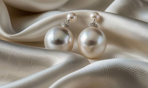 Pair of pearl drop earrings delicately arranged on a smooth satin material background AI generated