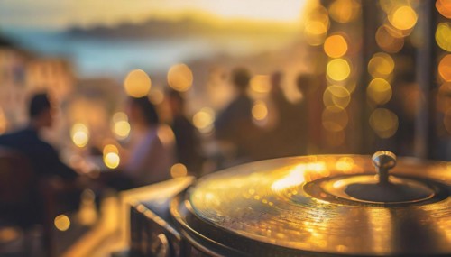 Friends enjoy drinks vinyl record playing together in cozy setting at sunset, bokeh effect ai