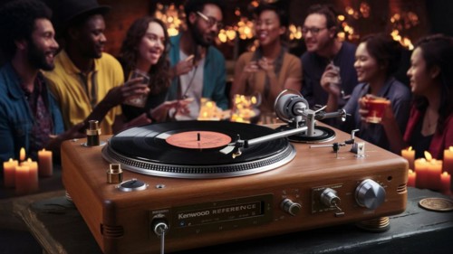 Friends enjoy drinks vinyl record playing together in cozy setting at sunset, bokeh effect ai