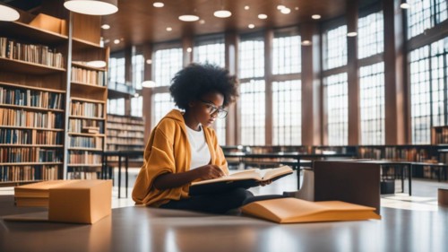 Concentrated girl surrounded by books studying in a well-lit library, AI generated