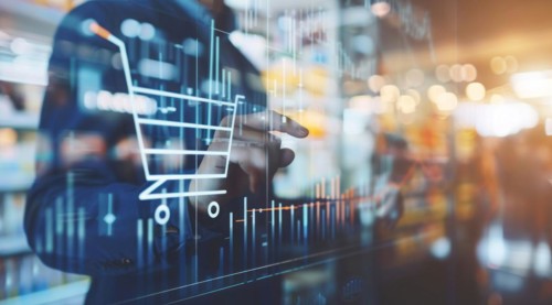 A man is pointing at a graph on a transparent screen showing market and economy trends, AI