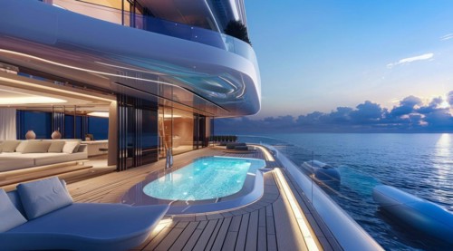 A large luxury yacht with a pool on the side of it. The pool is surrounded by a railing and has a