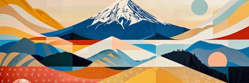 A tranquil scene with the majestic Mount Fuji in the distance, surrounded by geometric patterns and