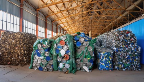 Symbol photo, many empty tin cans, pressed and bundled into bales in a recycling plant, AI