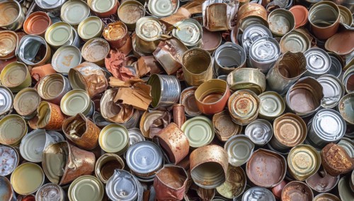 Symbol photo, many empty tin cans, partly crushed, rusty, dirty, lying in the landscape, AI